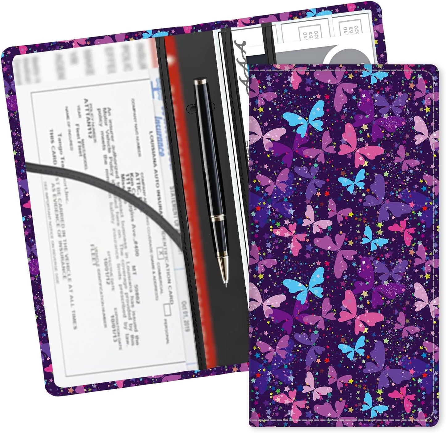 Leather Car Registration and Insurance Card Holder, Cute Car Accessories Vehicle Glove Box Car Organizer for Documents, Cards, License Cute Purple Butterfly