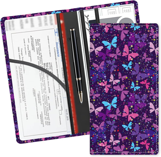 Leather Car Registration and Insurance Card Holder, Cute Car Accessories Vehicle Glove Box Car Organizer for Documents, Cards, License Cute Purple Butterfly