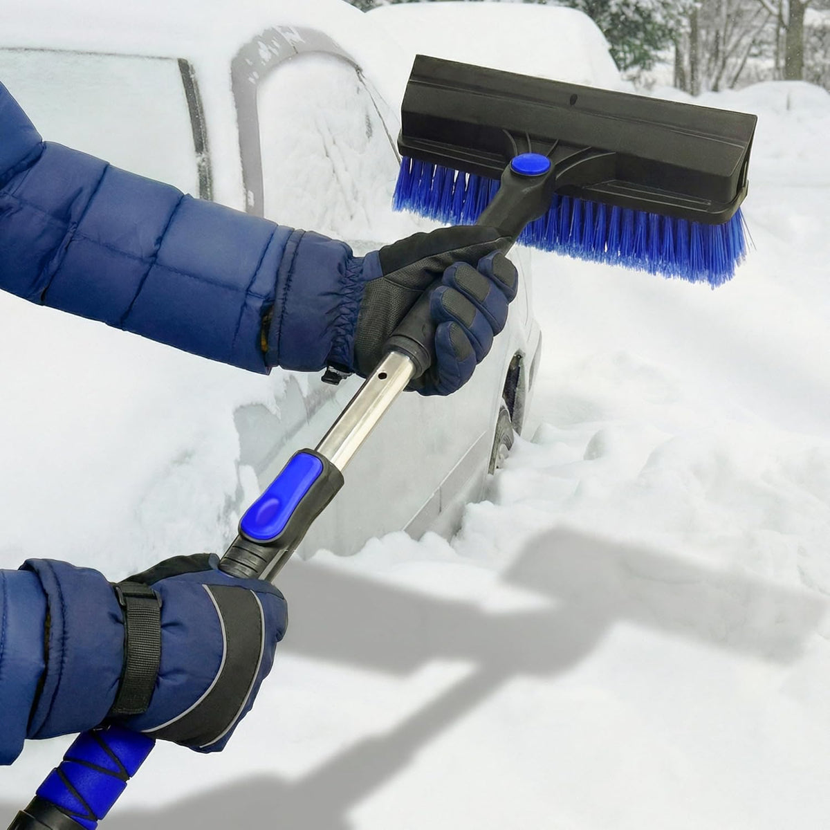 Snow Joe 45-Inch Multi-Purpose Ice Scraper for Car Windshield and Extendable Snow Brush with Foam Grip, 360° Pivoting Brush Head and Squeegee, for Car, Truck, SUV, Snow Removal Winter Car Accessory