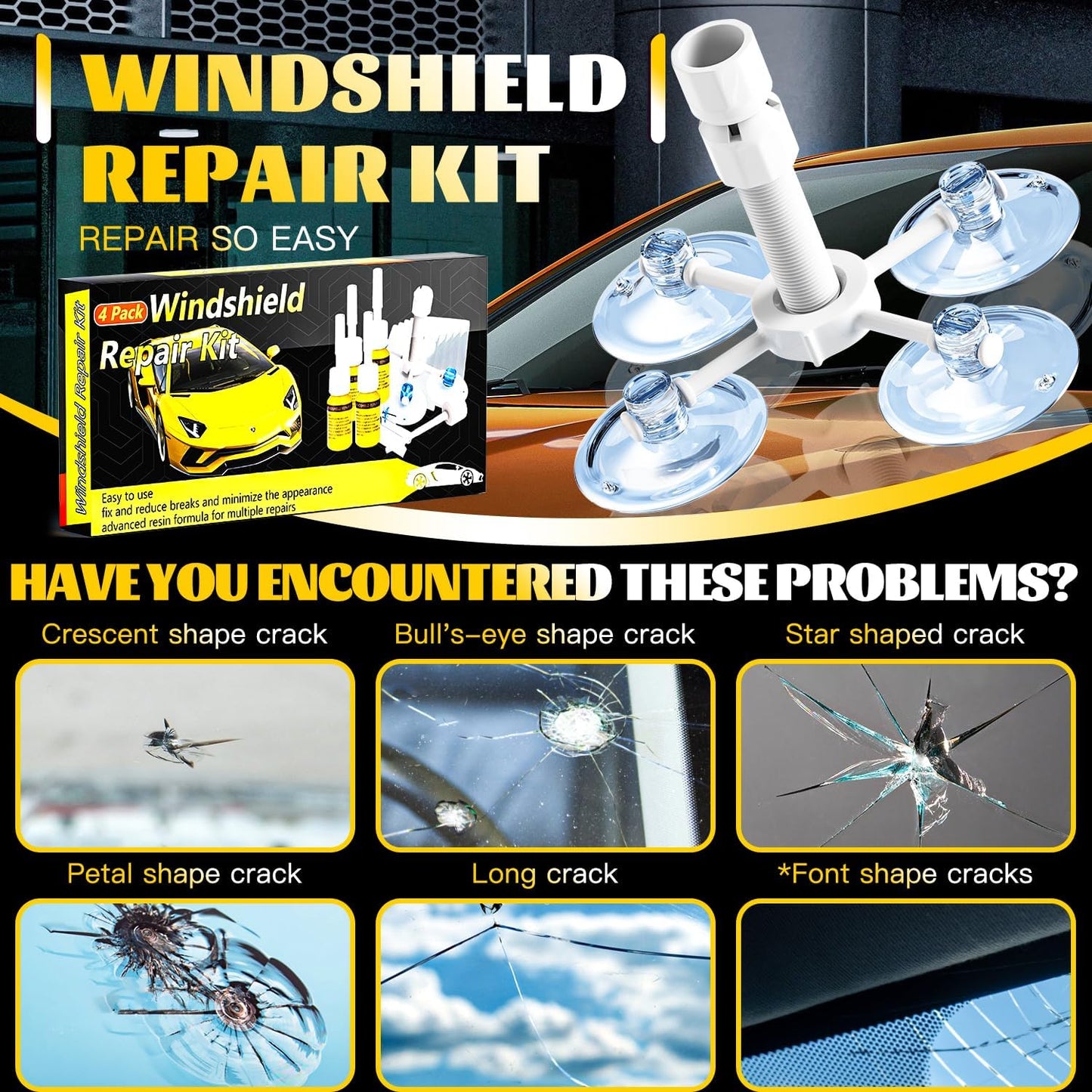 CLAMPER Windshield Crack Repair Kit, Windshield Repair Kit for Chips and Cracks, 4 Pcs Car Glass Repair Kit, Cracks Gone Glass Repair Kit Automotive Quick Fix for Chips, Cracks, Bullseyes (Yellow)
