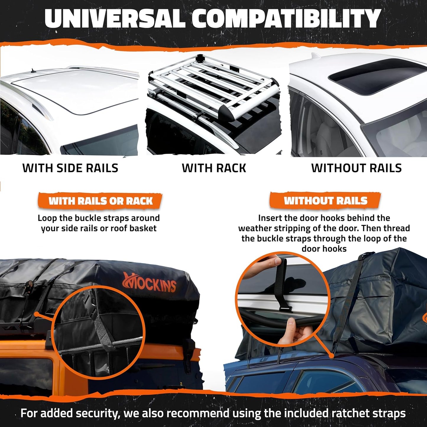 Mockins 25 CuFt Waterproof Rooftop Cargo Carrier Bag | 60"x43"x17" All-Weather 500D Soft-Shell Vinyl Car Top Carrier Without Roof Rack | Vehicle Soft-Shell Carriers with Roof Mat, Lock, Hooks & Straps