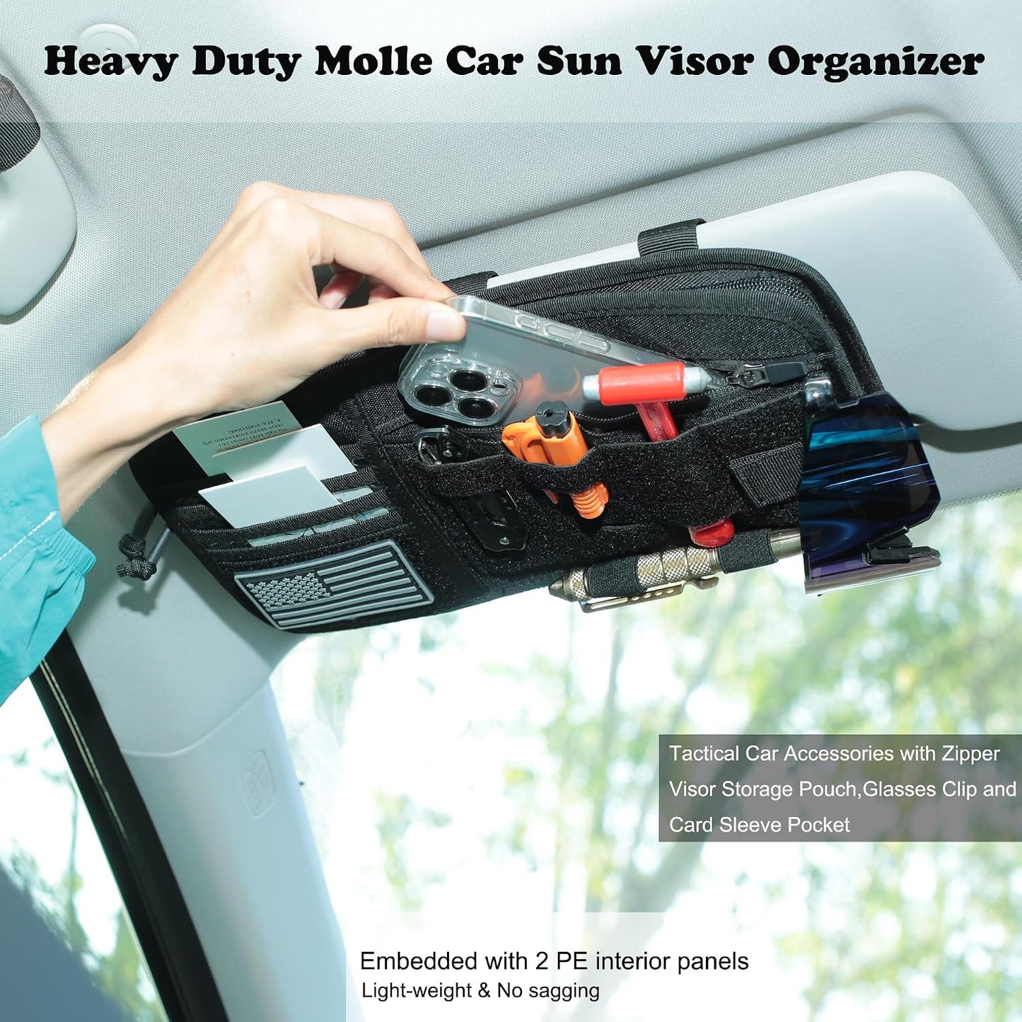 Heavy Duty Molle Car Sun Visor Organizer with Card Storage,Glasses Clip | Semi-Rigid Molle Panel for Cars SUVs Pickups Trucks Tactical Visor Organizer Storage Pouch Car Sun Storage Pocket