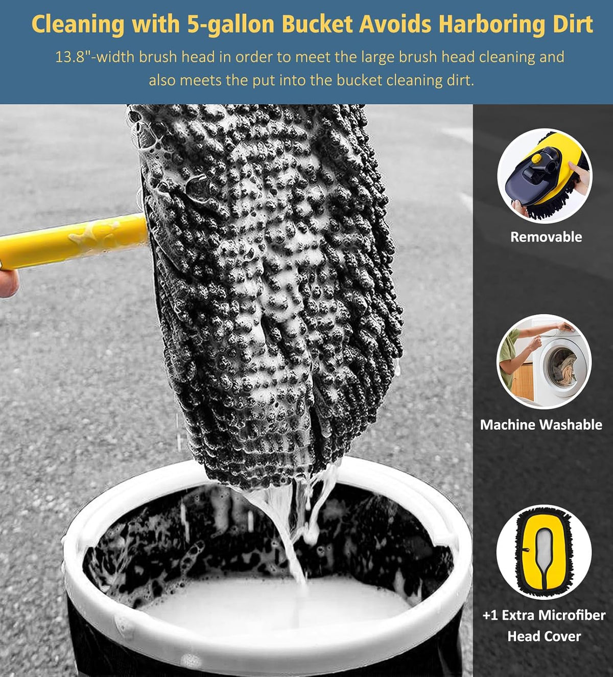 YeewayVeh Car Wash Brush Mop, 55" Long Handle, 15° Curved, Yellow & Black