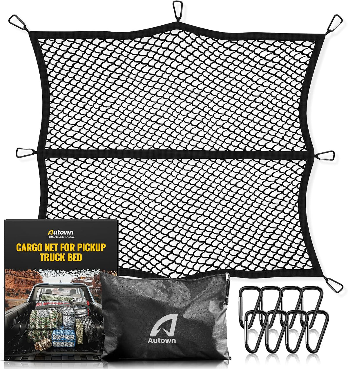 AUTOWN Cargo Net for Pickup Truck Bed with 8 Metal Carabiners & Storage Bag