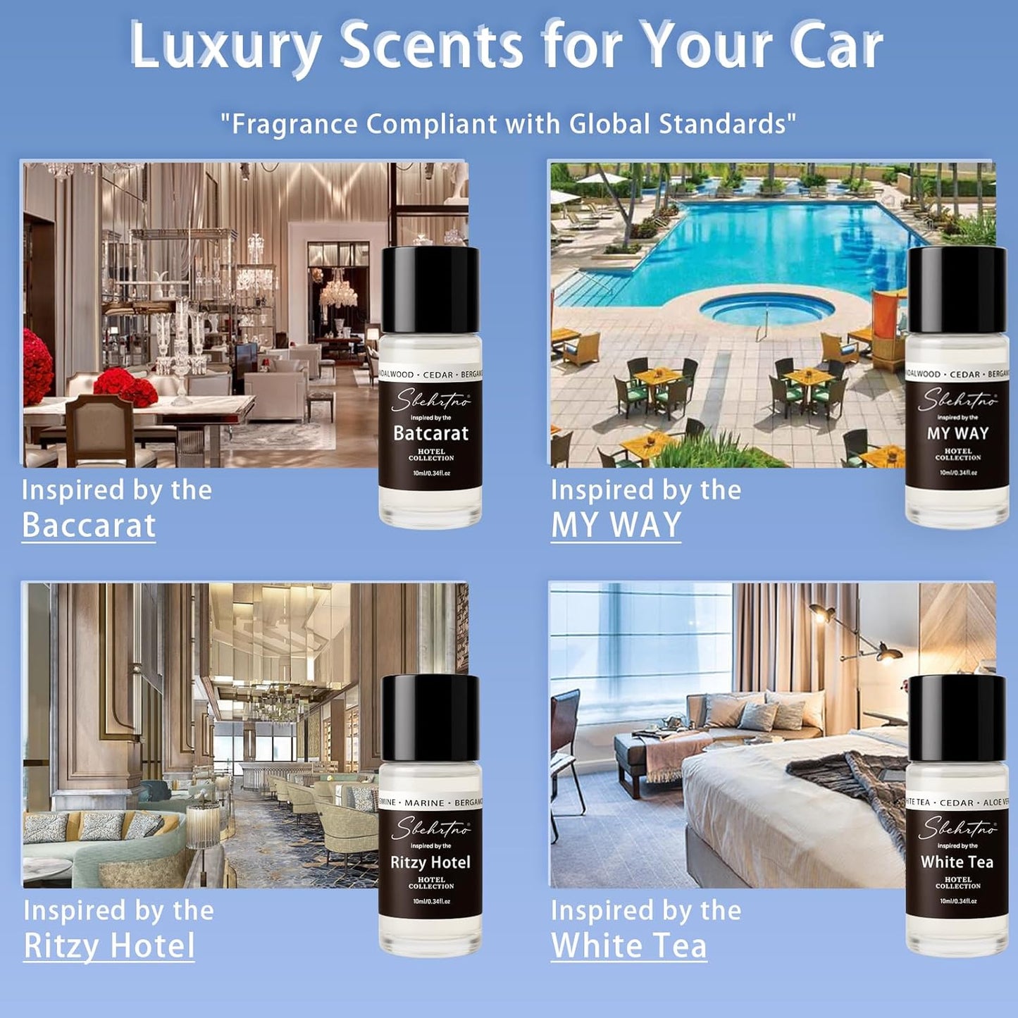 Waterless Car Diffuser Kit with 4 Fragrance Oils – Luxury Hotel Inspired Aromatherapy Air Freshener for Car, Vehicle, Office & Small Spaces (Black, Hotel Fragrance)
