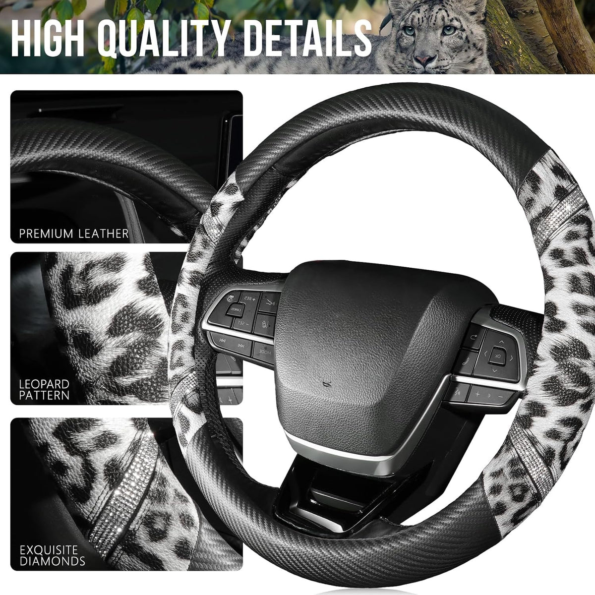 Rhinestones Leopard Leather Car Steering Wheel Cover-Black&White