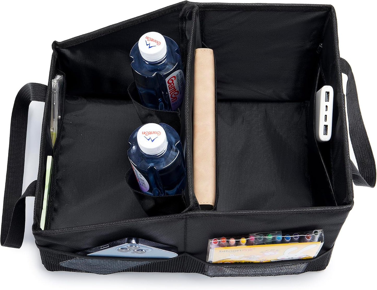 Front-Back Seat Car Organizer Box - Portable Passenger Seat Organizer, Odorless Fabric Car Seat Organizer, Universal Foldable Auto Seat Storage Caddy for Kids & Adults Road Trip Essentials (Black)