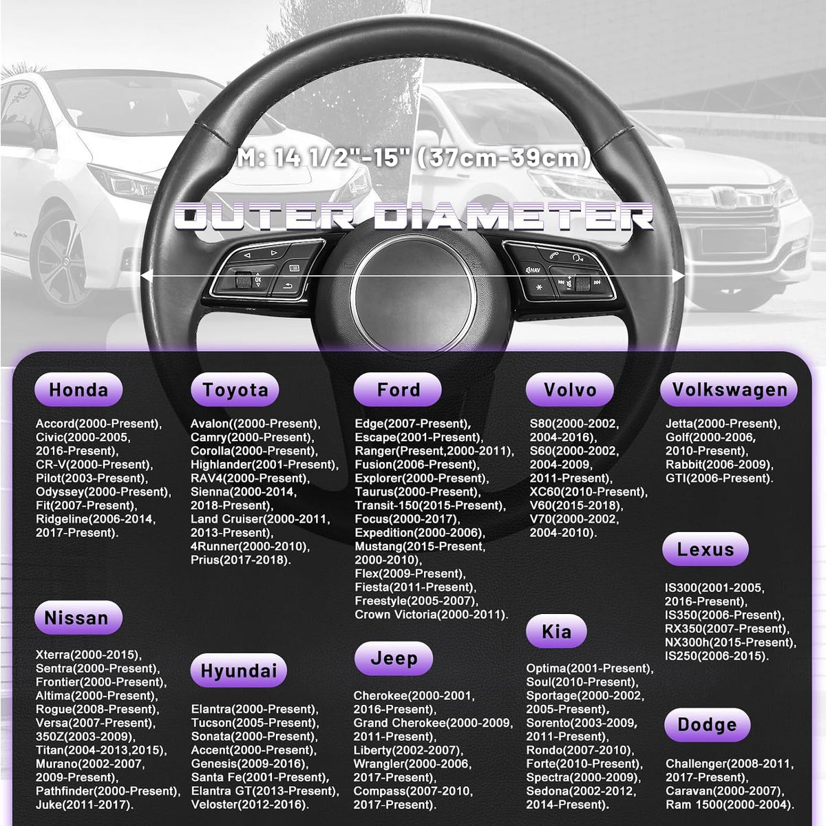 SEG Direct Steering Wheel Cover for 14.5-15 inch Car, Black Light Purple