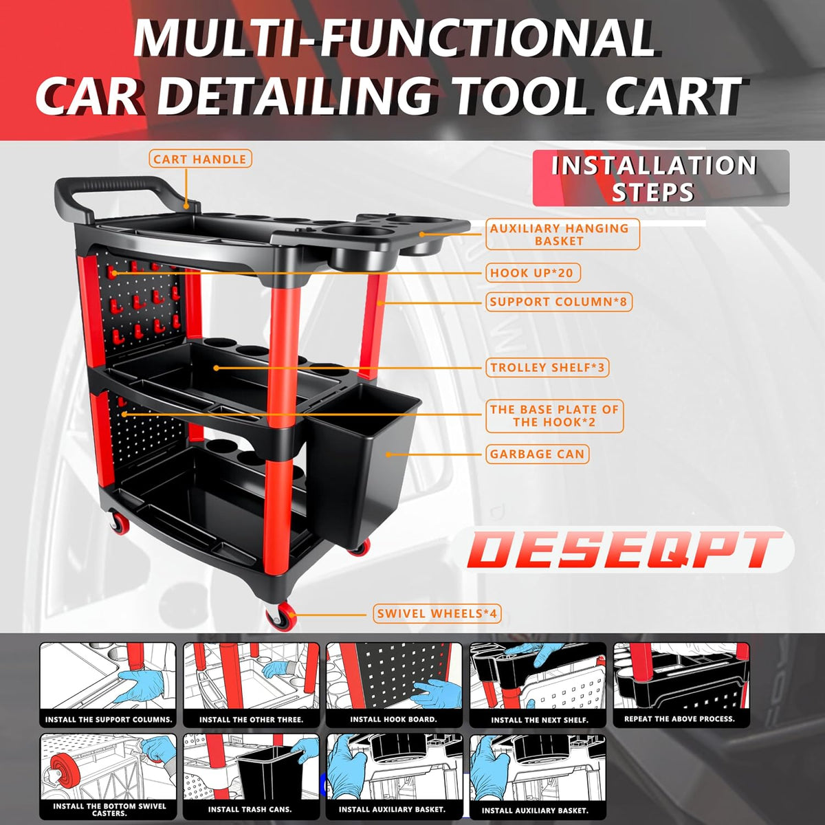 Auto Detailing Cart with Wheels, 3 Tier Rolling Detail Cart