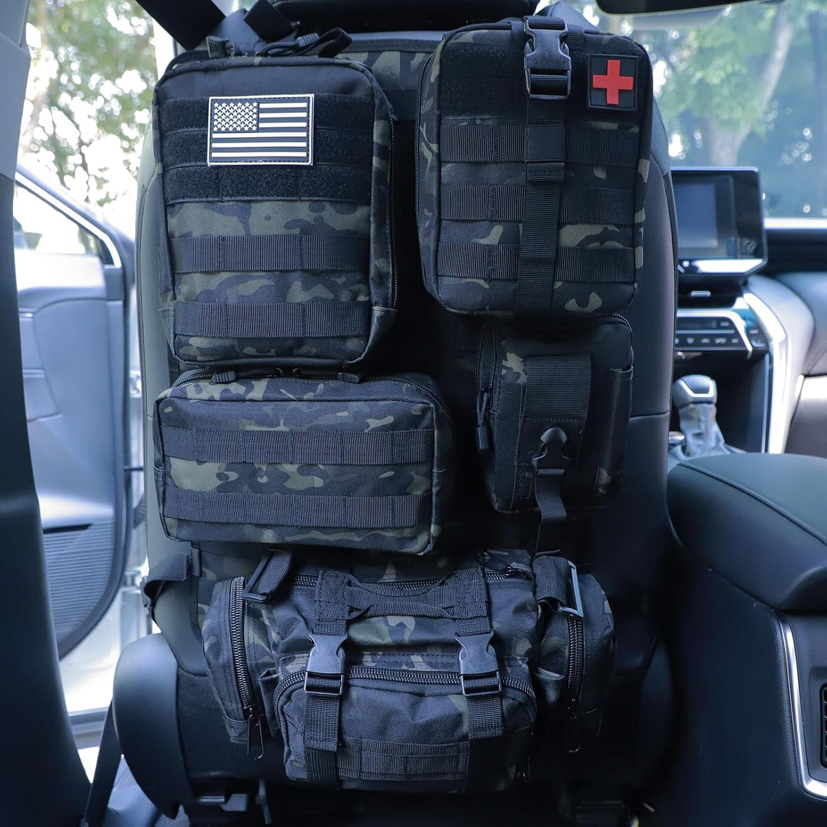 Universal Tactical Car Seat Back Organizer Bag Tactical Molle Vehicle Organizers Panel Vehicle Protector Organizers with 5 Detachable Pouches for Car Truck Ford Jeep (Upgraded C model Black camo)