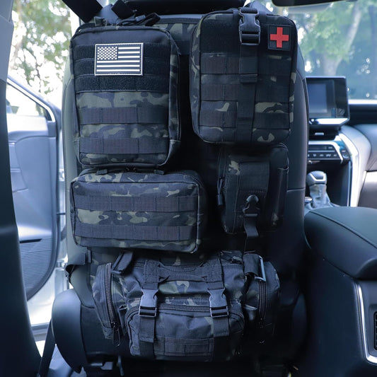 Universal Tactical Car Seat Back Organizer Bag Tactical Molle Vehicle Organizers Panel Vehicle Protector Organizers with 5 Detachable Pouches for Car Truck Ford Jeep (Black camo)