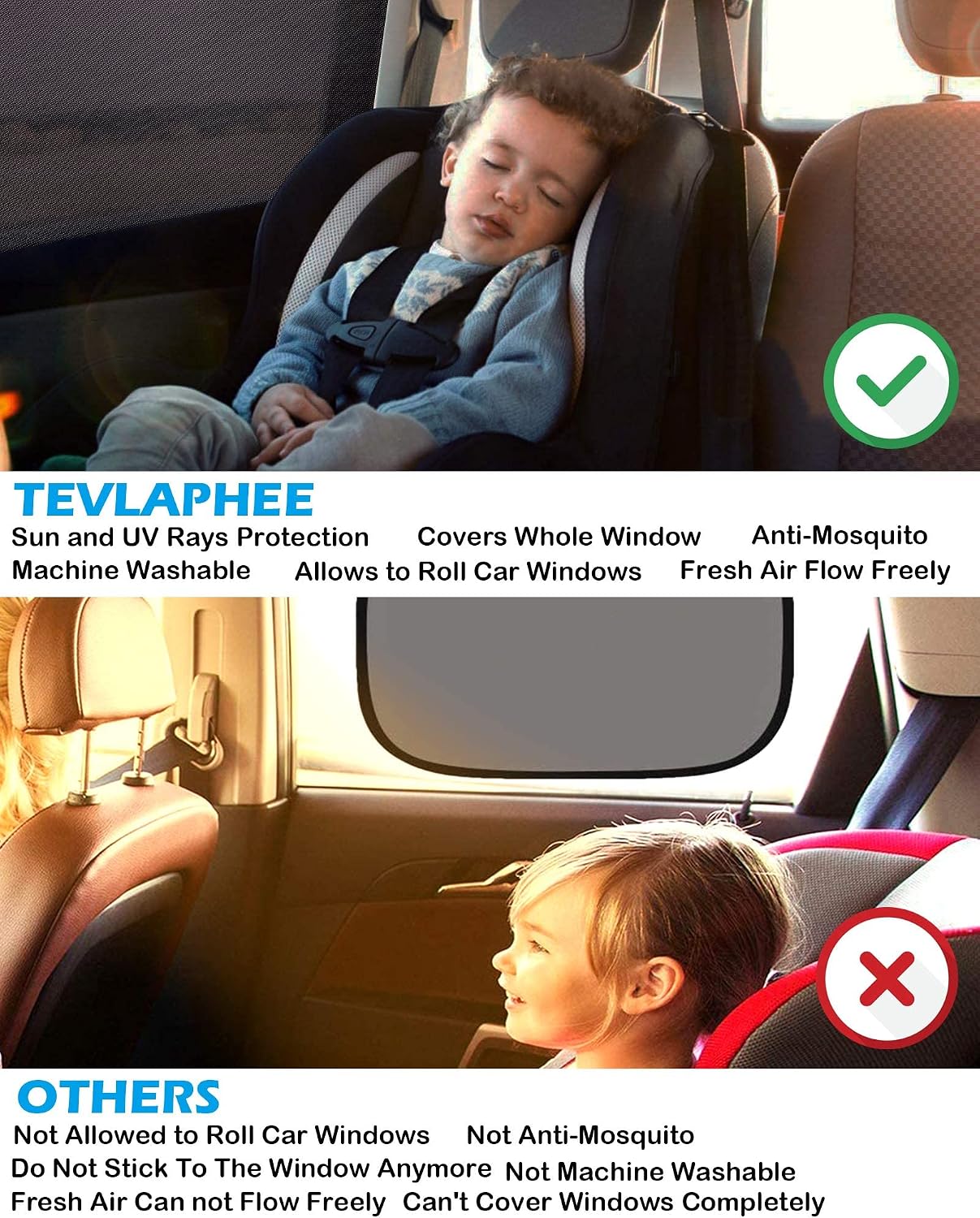 Tevlaphee Car Window Shades, 2 Pack Car Sunshade for Kids Breathable Universal Sun Visor Car Net for Baby with Certified UV for Side Window, Spandex Mesh Material Protect Privacy for Family (L)