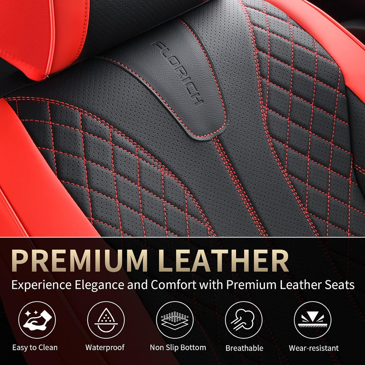FLORICH Car Seat Covers Front Seats Luxury Faux Leather Waterproof Seat Covers Car Seat Protector Automotive Seat Covers Cushion Universal Fit for Most Cars SUV Trucks, Black&Red