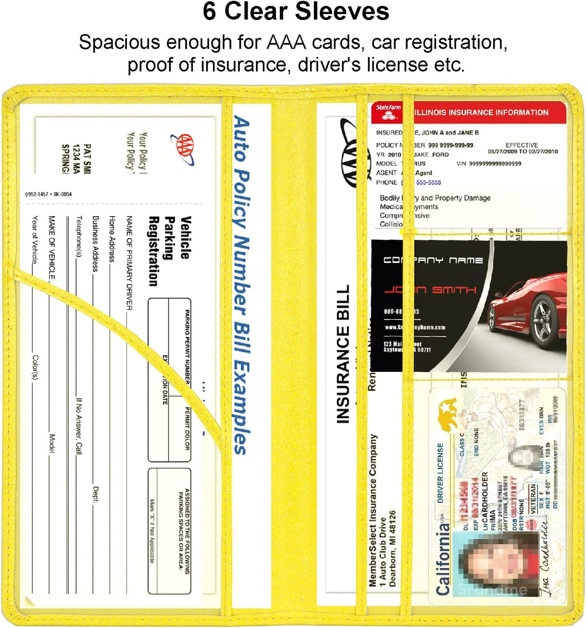 Leather Car Registration and Insurance Holder Magnetic Shut, Glitter Yellow