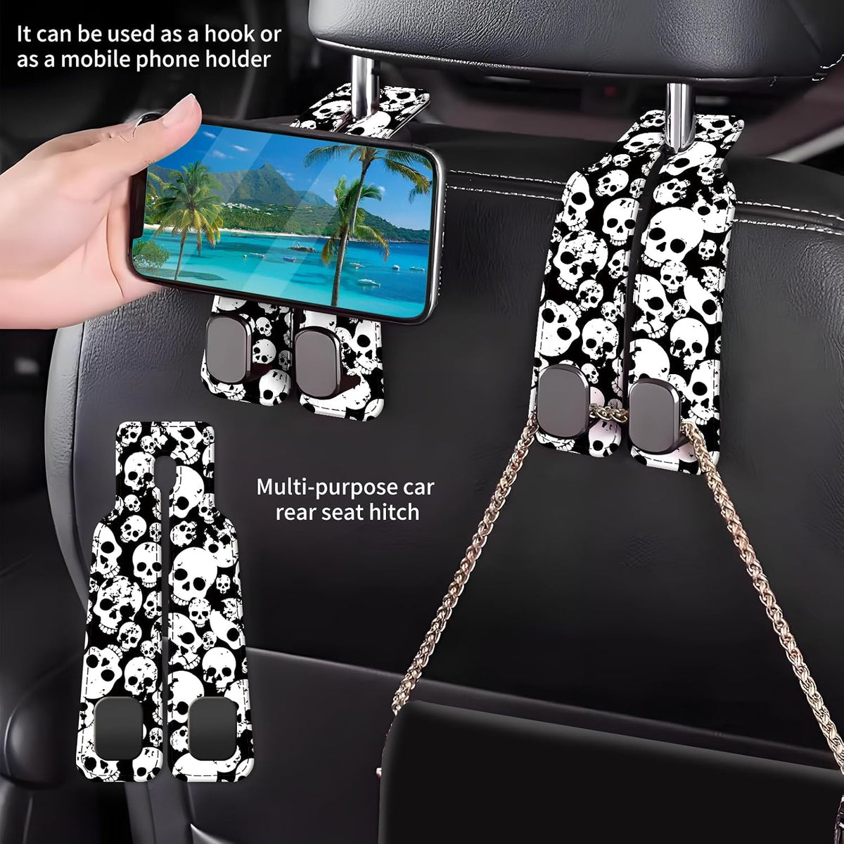 Car Seat Back Storage Headrest Hook, Premium Leather Double Metal Hook, Hanger Storage Organizer for Purse Cloth Bag, Car Interior Accessories Black White Skulls