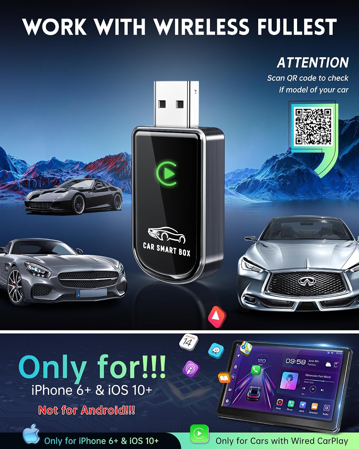 Amzfeel Wireless Carplay Adapter for iPhone, Mini Bluetooth Dongle Convert Factory Wired to Wireless Apple Car Play Plug & Play, Low Latency, GPS for iOS 10+ & Cars 2015+ (Brushed Glossy Grey)