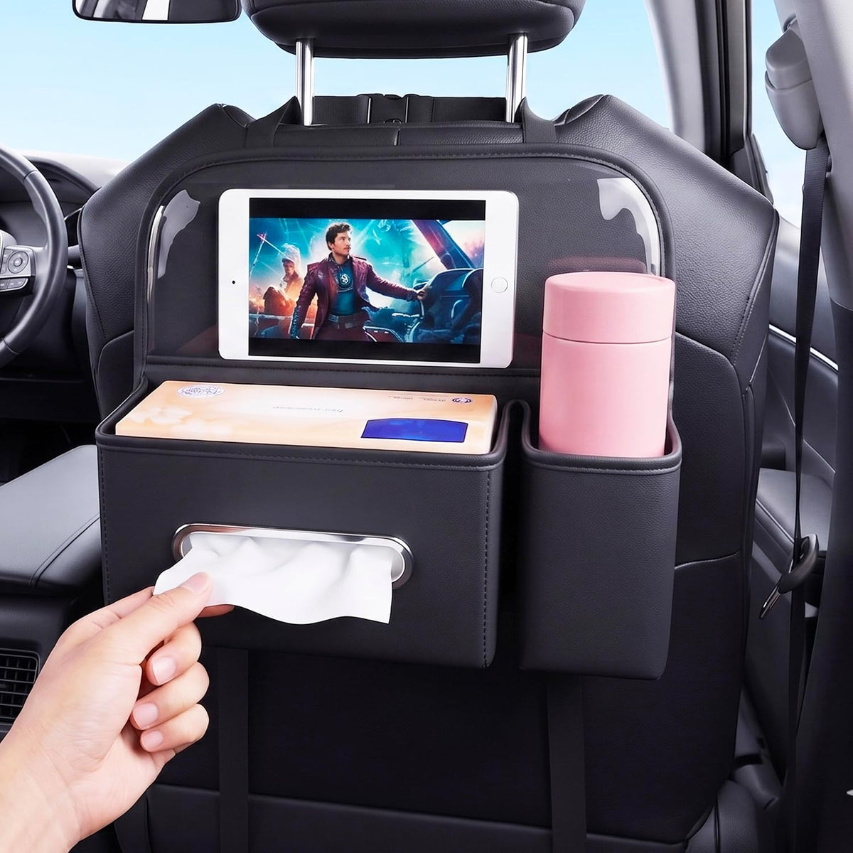 4 in 1 PU leather Backseat Car Organizer with Car Tissue Cup Tablet Holder