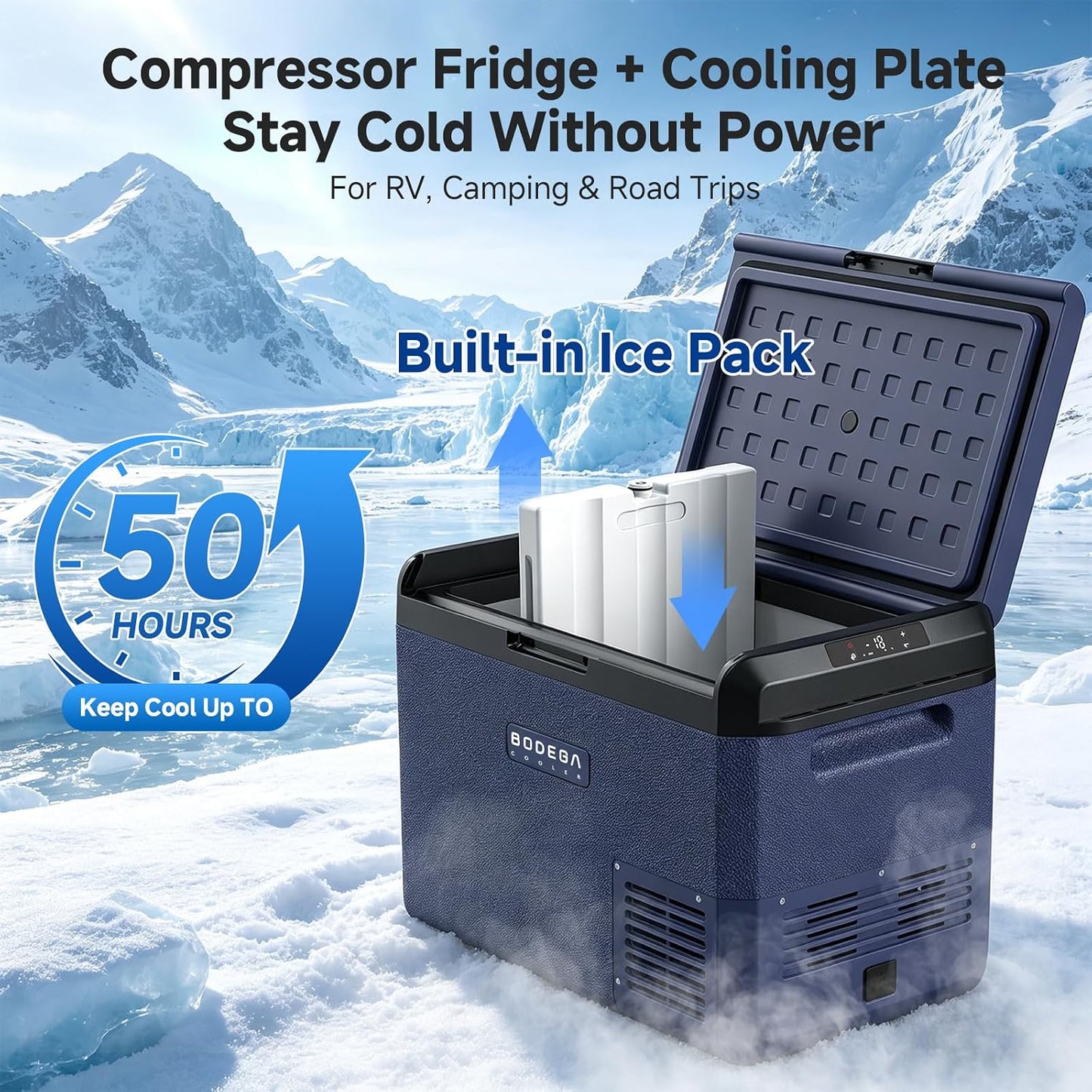 BODEGACOOLER 12 Volt Car Refrigerator, 53QT(50L) IPX4 Waterproof Electric Cooler, 31dB Ultra-Quiet Car Fridge APP Control with 12/24V DC 110-240V AC, -4℉~68℉, Portable for Truck RV Camping, Travel