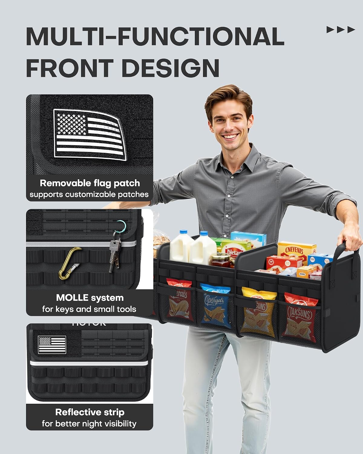 HOTOR Tactical Car Trunk Organizer - Foldable Trunk Organizer for SUV with Front MOLLE Pocket & Reflective Strips, Essential Car Accessories for Tools & Outdoor Storage, 11.6" x 31.9" x 11.0", Black