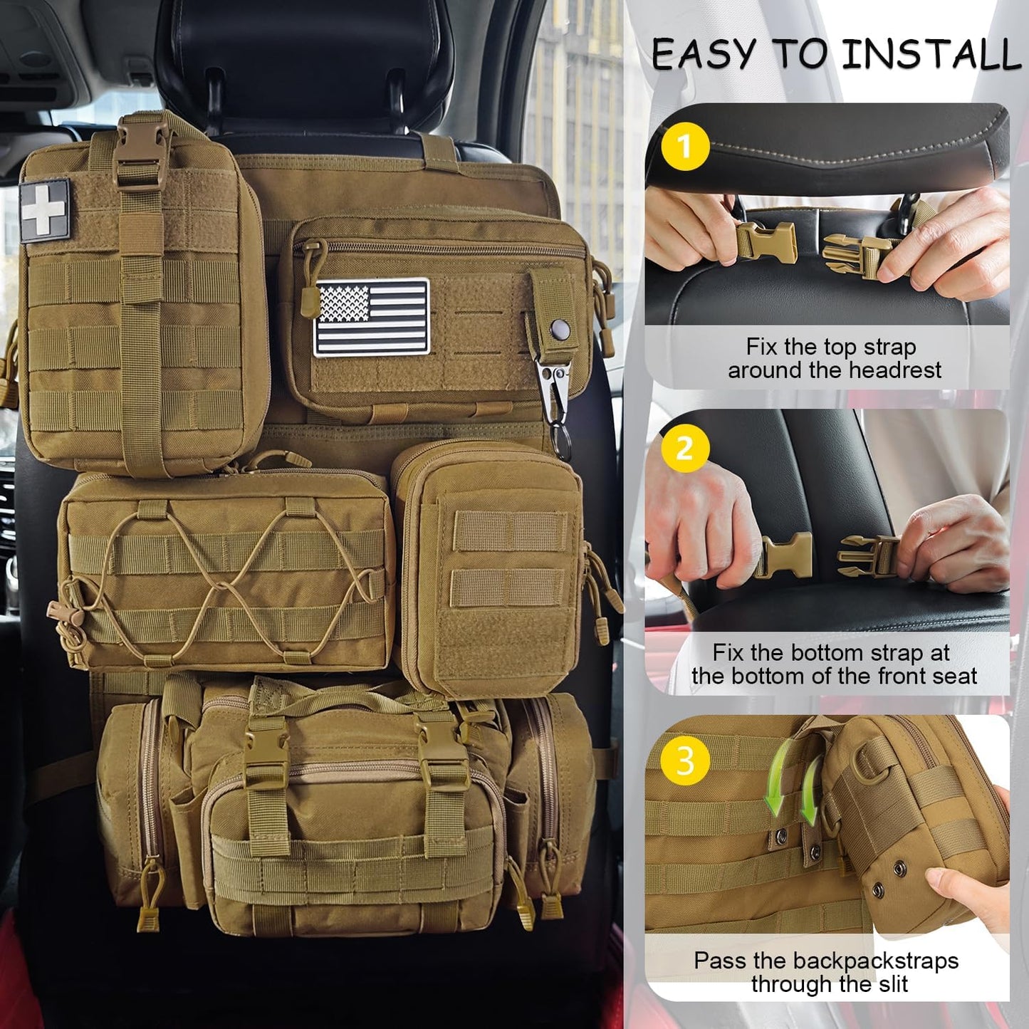 Tactical Car Seat Back Organizer, 2025 Upgrade Tactical Vehicle Panel Organizer with 5 Detachable Molle Pouch for Car Truck Ford Jeep Vehicle