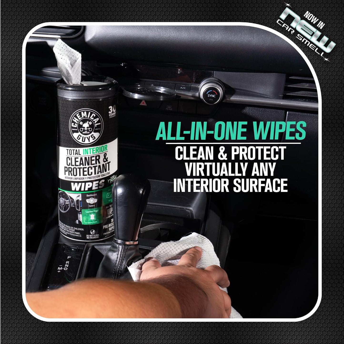 Chemical Guys Total Interior Cleaner and Protectant Wipes Canister, New Car Smell - All Surface Interior Cleaning Wipes for Dash Seats Door Panels Leather Vinyl & Fabric - Fresh New Car Scent, 2 Pack