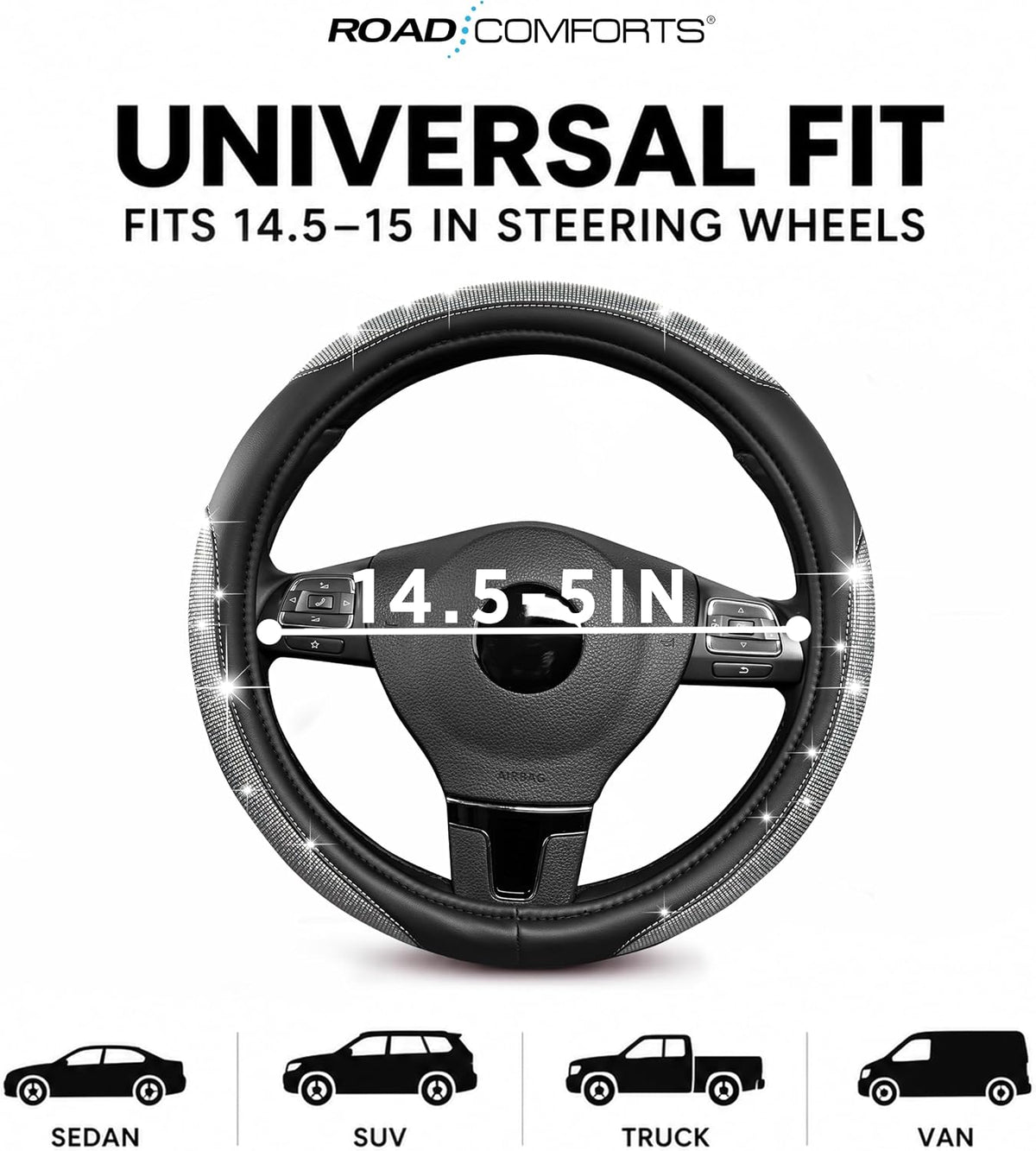 Road Comforts Pixel Glitter Steering Wheel Cover, 14.5–15 Inch Leather Steering Wheels Snug Fit, Anti-Slip Leather Grip, Elegant Sparkle Design, Universal Fit - Black