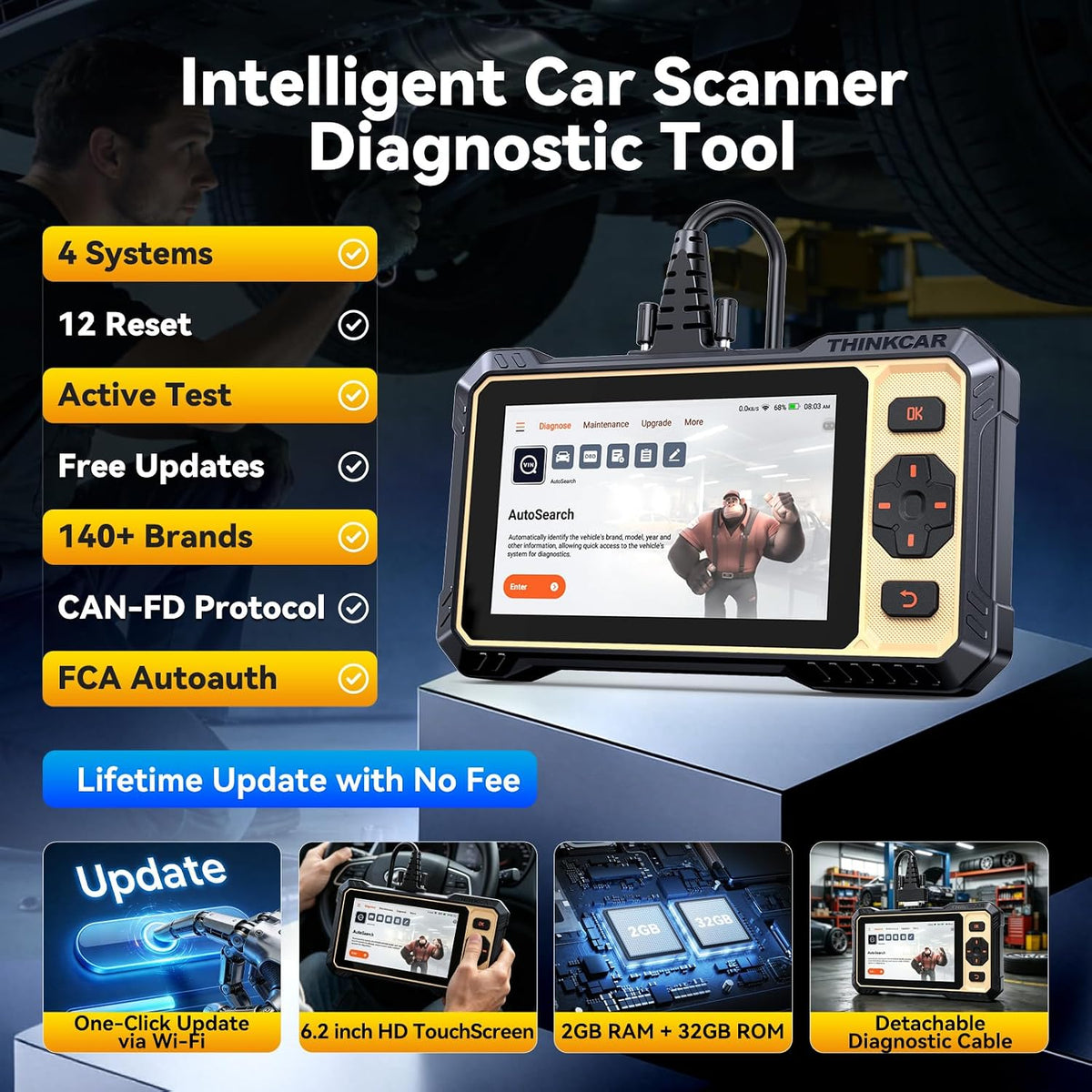 THINKCAR Scanner THINKSCAN 662 OBD2 Scanner Diagnostic Tool + THINKCAR 12+8 Pin Connector to OBD2 Adapter for Chrysler