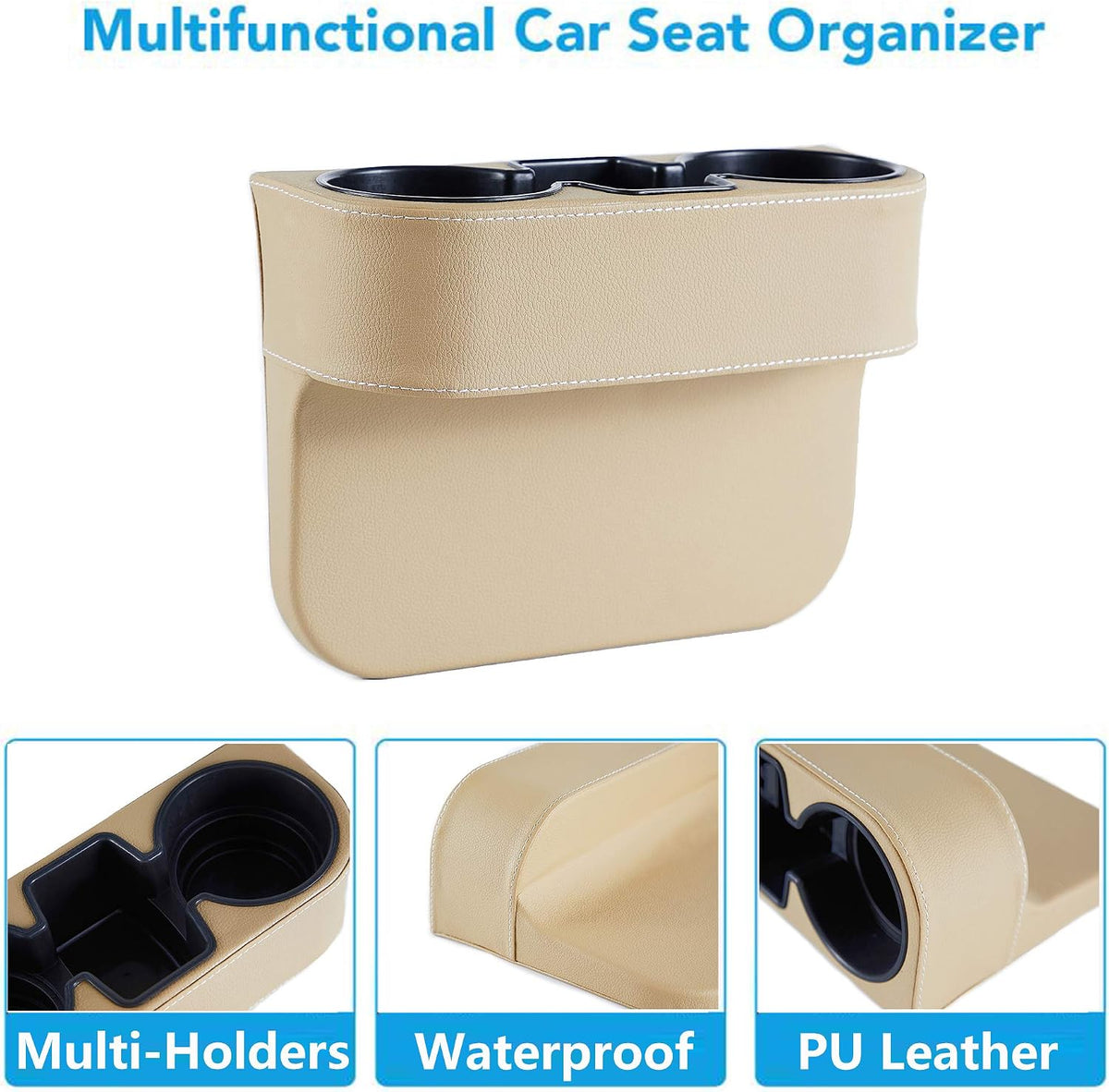 IOKONE Cup Holder for Car, Console Side Pocket, PU Leather Cover, Beige