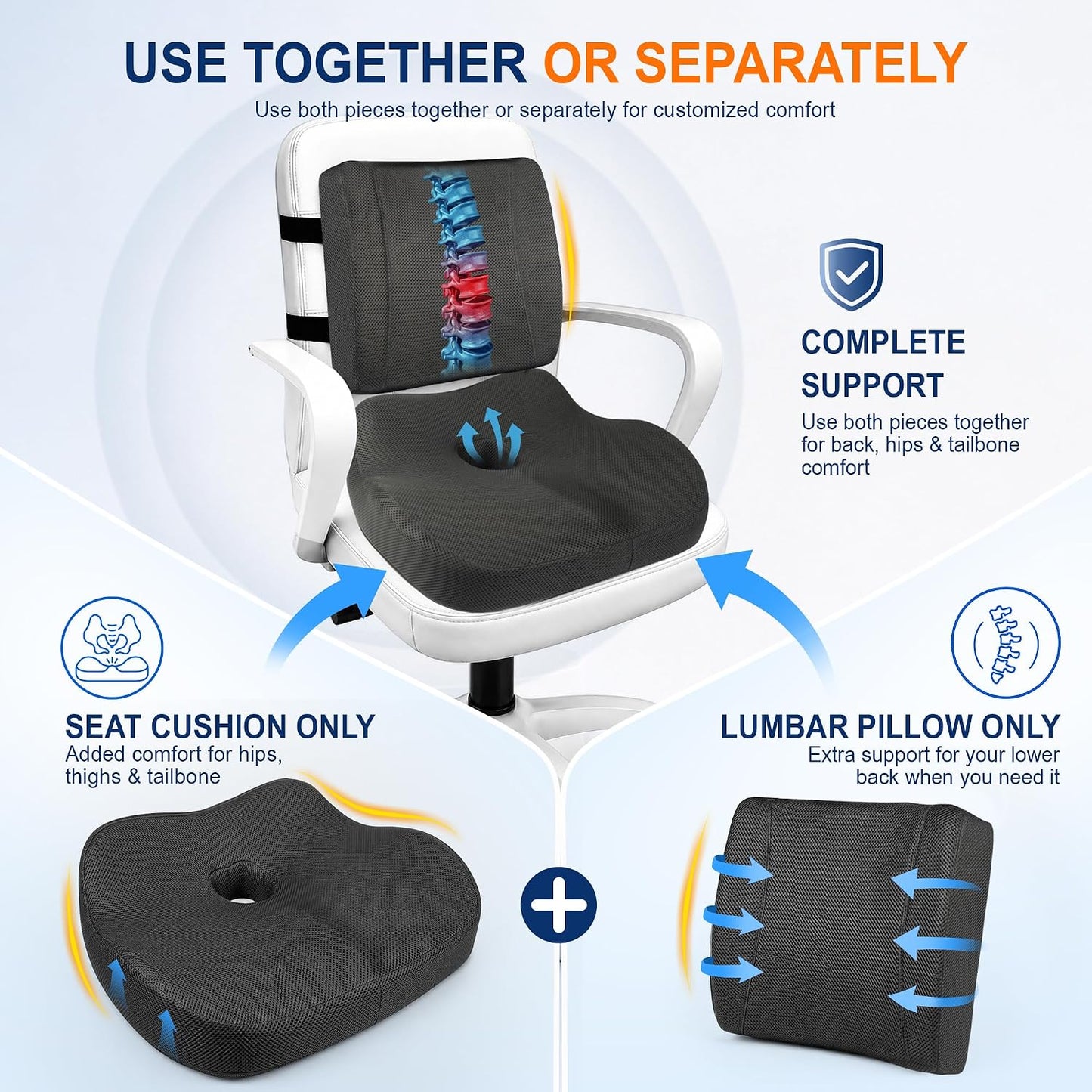 Allaboutsla Car Seat Cushion and Lumbar Back Support Pillow Set for Driving | Memory Foam Car Seat Cushions, Back Support for Car, Car Cushion for Height, Pressure Relief for Trucks, Office Chairs, Black