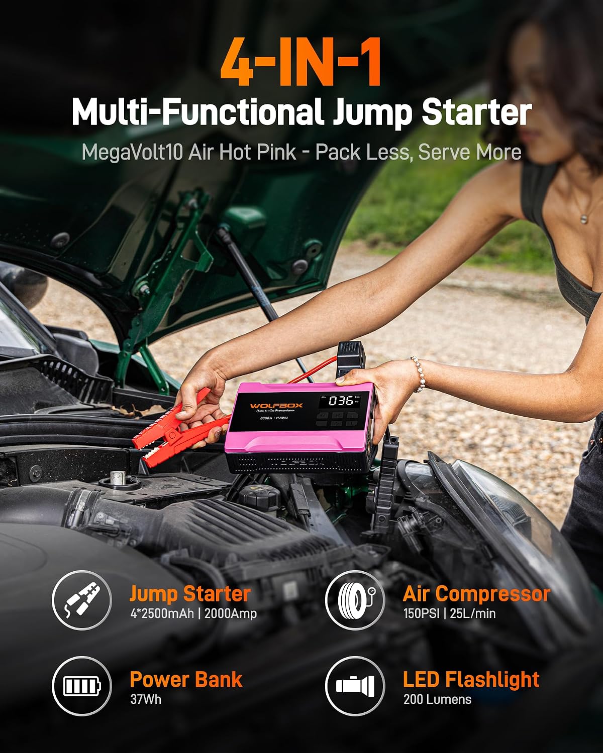 WOLFBOX 2000A Jump Starter with Air Compressor, 12V Jump Box