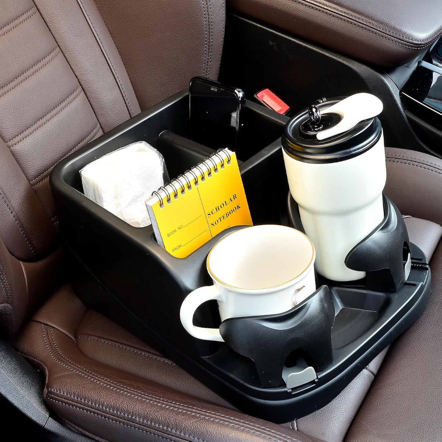 Universal Center Console Organizer for Truck Bench Seat & SUV, Truck Floor Console with Expandable Cup Holders, Fits Silverado Minivan, Stable Transmission Hump Storage Box for Car Backseat (Black)