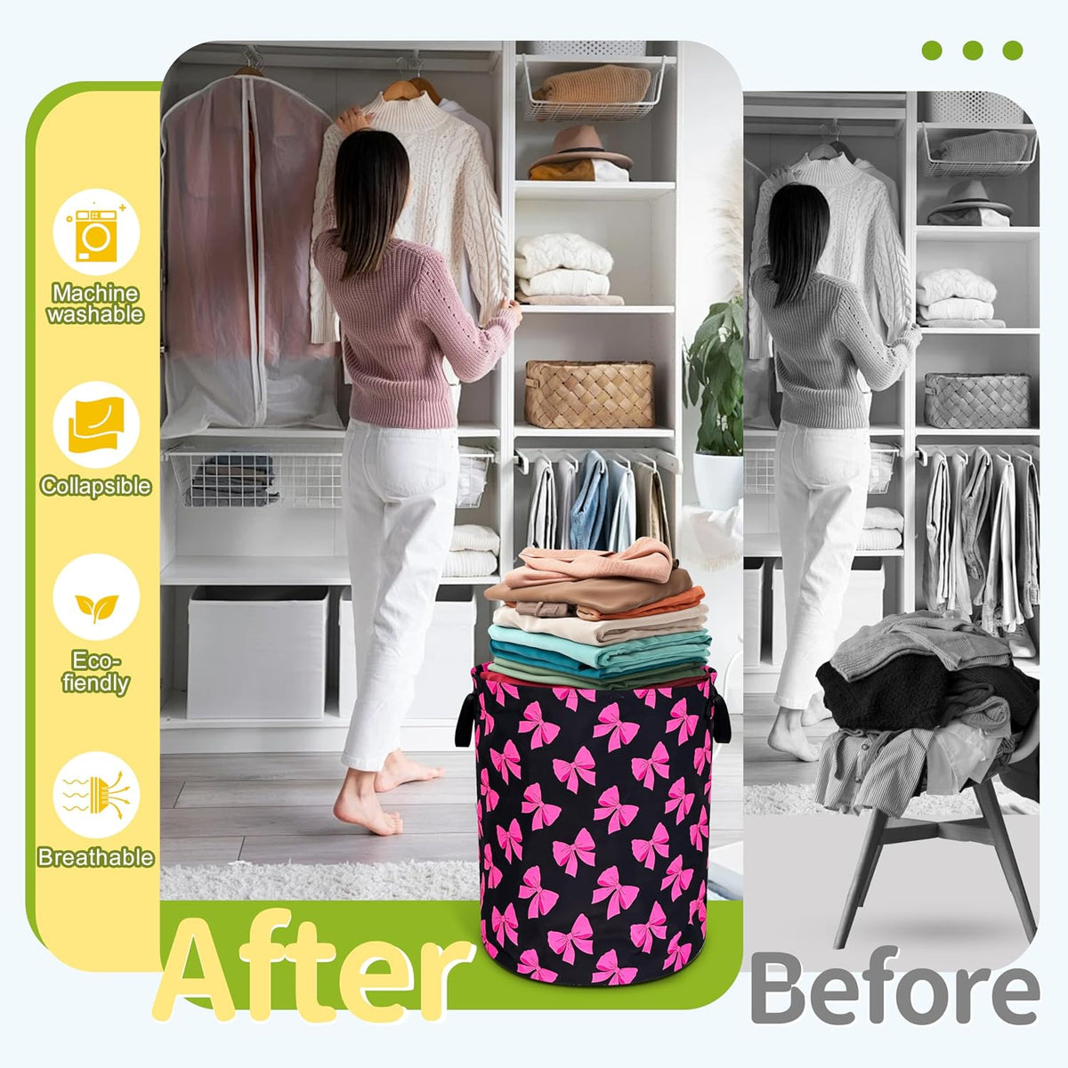 Pink Bow Laundry Basket Foldable Waterproof Bowknot Hamper 18.9 x 16.5 Inch