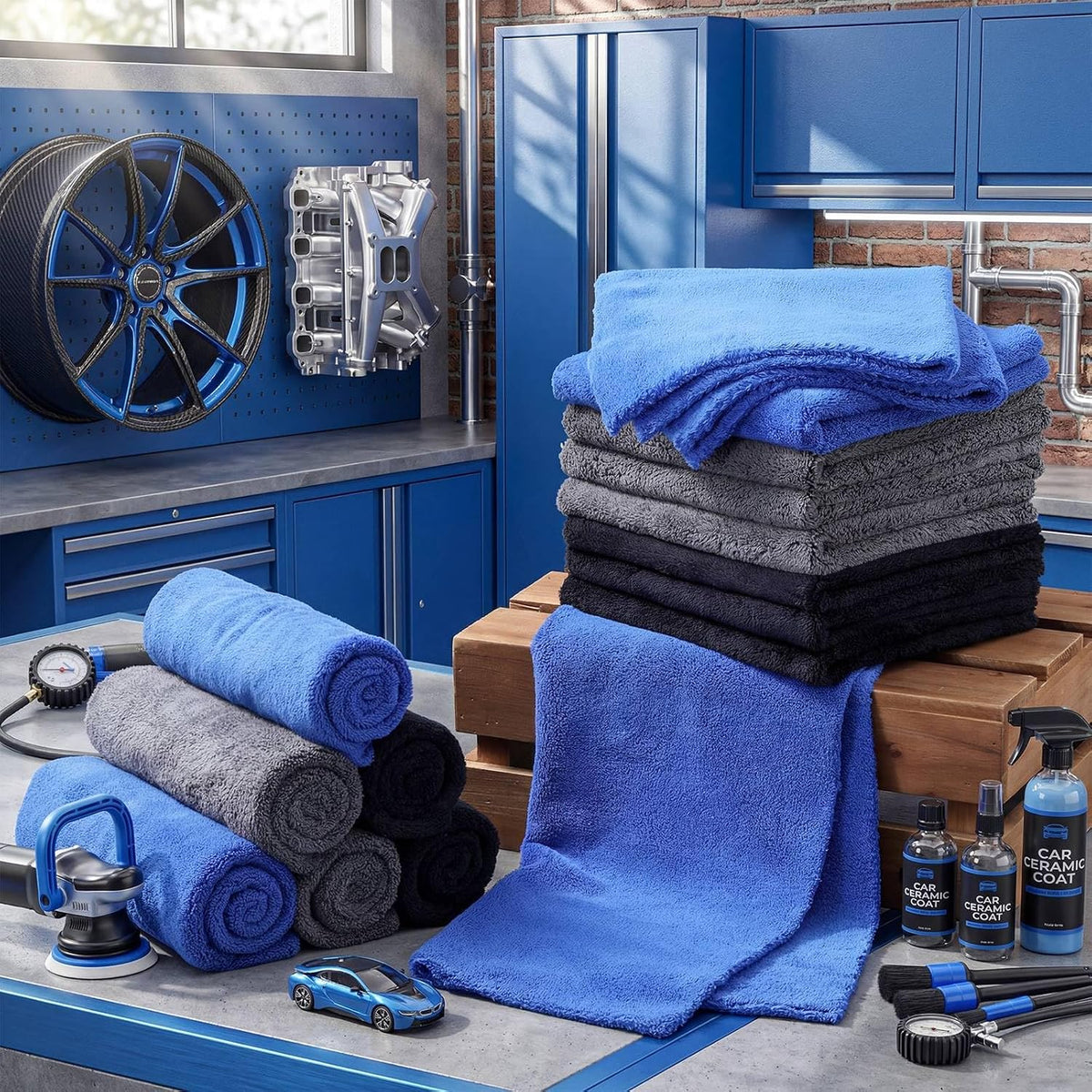 Shimeyao 20 Pcs 16 x 16 Inch Edgeless Microfiber Plush Towels for Cars Detailing Drying Wash Polishing Absorbent Cleaning Cloths, 500 GSM (Blue, Black, Gray)