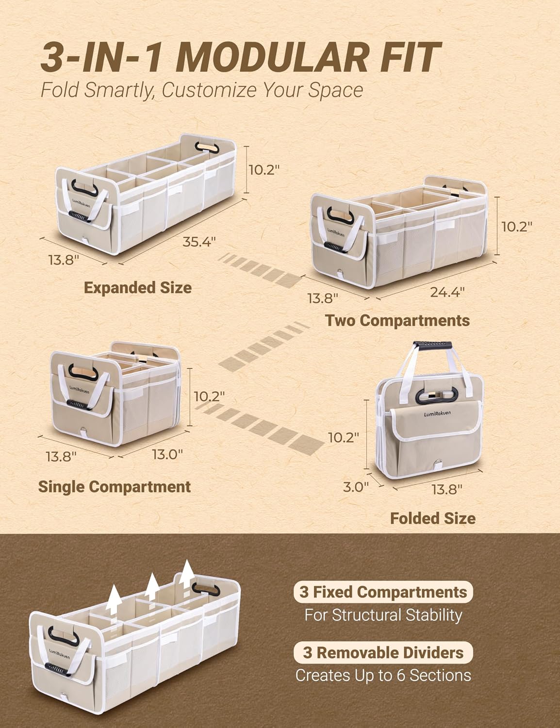 Car Trunk Organizer with Removable Lid for SUV (XL, Beige) | 1680D Wipe-Clean Fabric & 3.5mm PP Board. Collapsible Car Basket Features Dual Non-Slip Metal Hooks & 2x Adjustable Straps