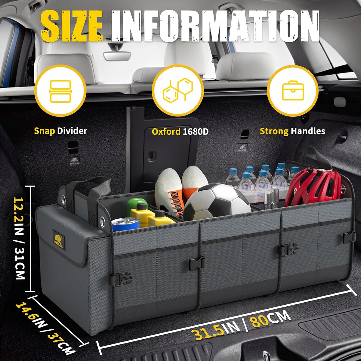 MIKKUPPA Car Trunk Organizer with Cooler, 100L, Premium Material, Gray | Collapsible Heavy Duty Large Car Organizer, Sturdy Trunk Storage for SUV with Adjustable Straps and Non Slip Bottom