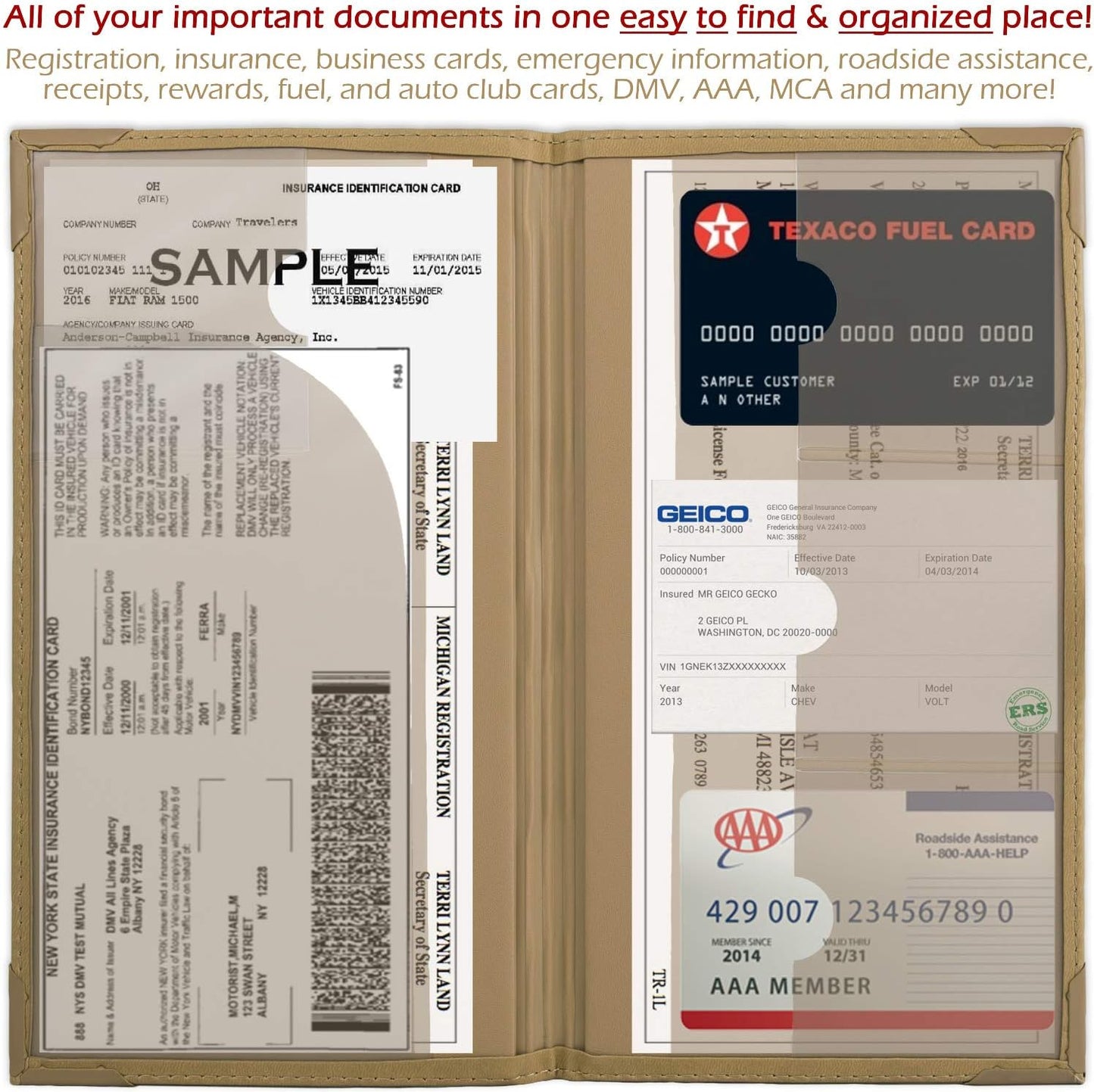PlusXpres Registration and Insurance Card Holder - Car Organizer - Beige | Vehicle Glove Box Document Organizer, Auto Essential Paperwork Holder for Contact Information Cards, Interior Car Accessories