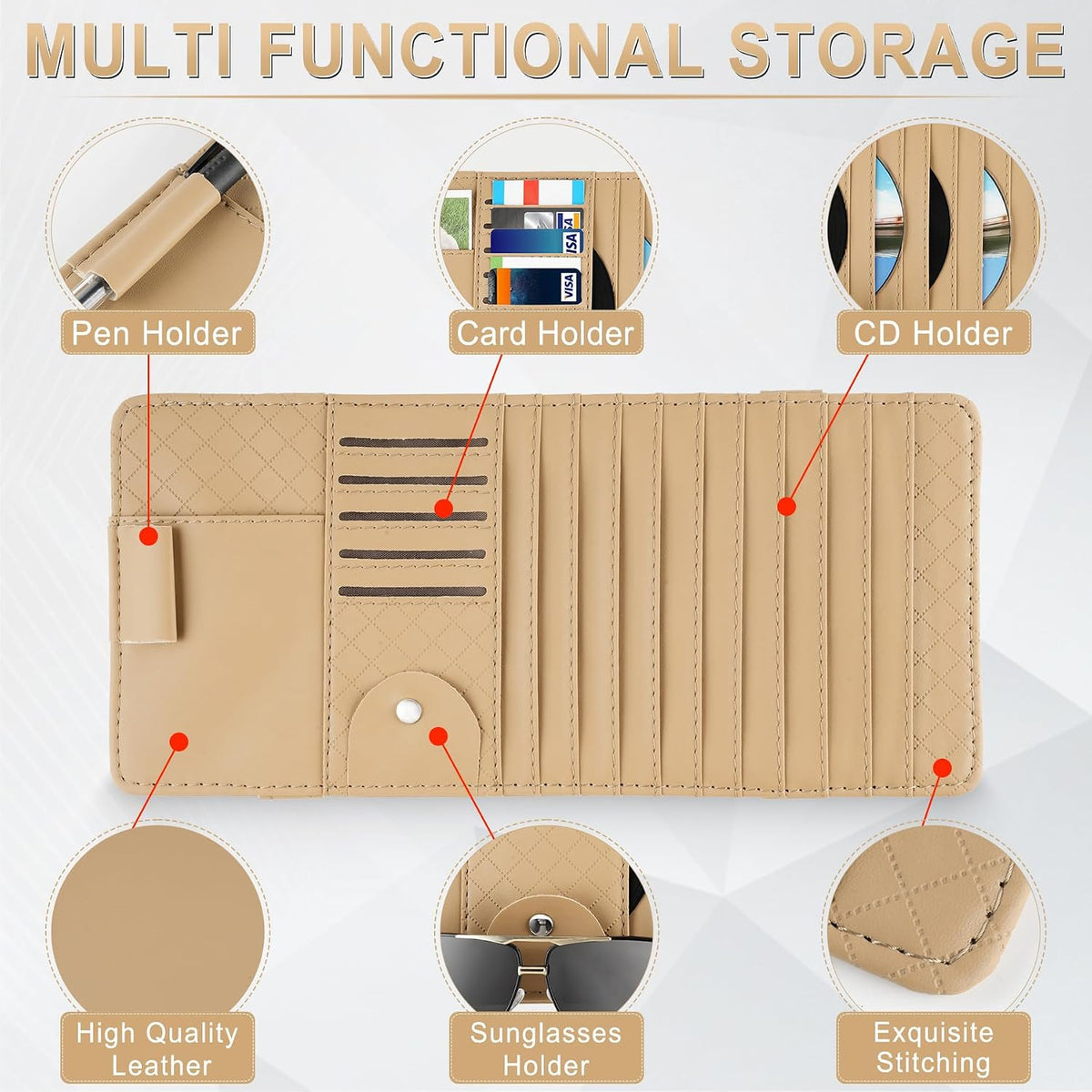 alpmosn Sun Visor CD Case Holder for Car - Multi-Function Visor Organizer with CD/DVD Storage, Eyeglass Clip, Card Slots & Pen Holder, Durable Leather Car Accessories (Beige)