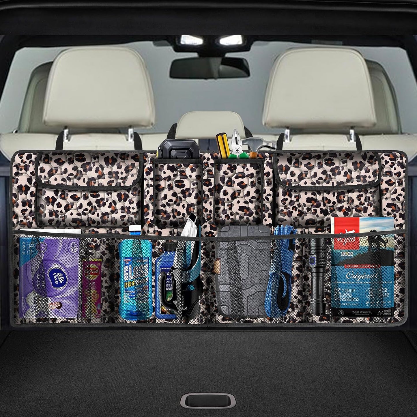 Car Trunk Organizer, Super Capacity Backseat Car Organizer for SUV/Truck/MPV(42"*18"), Hanging Car Storage Organizer with 8 Pocekts, Car Accessories for Women and Men- Pink