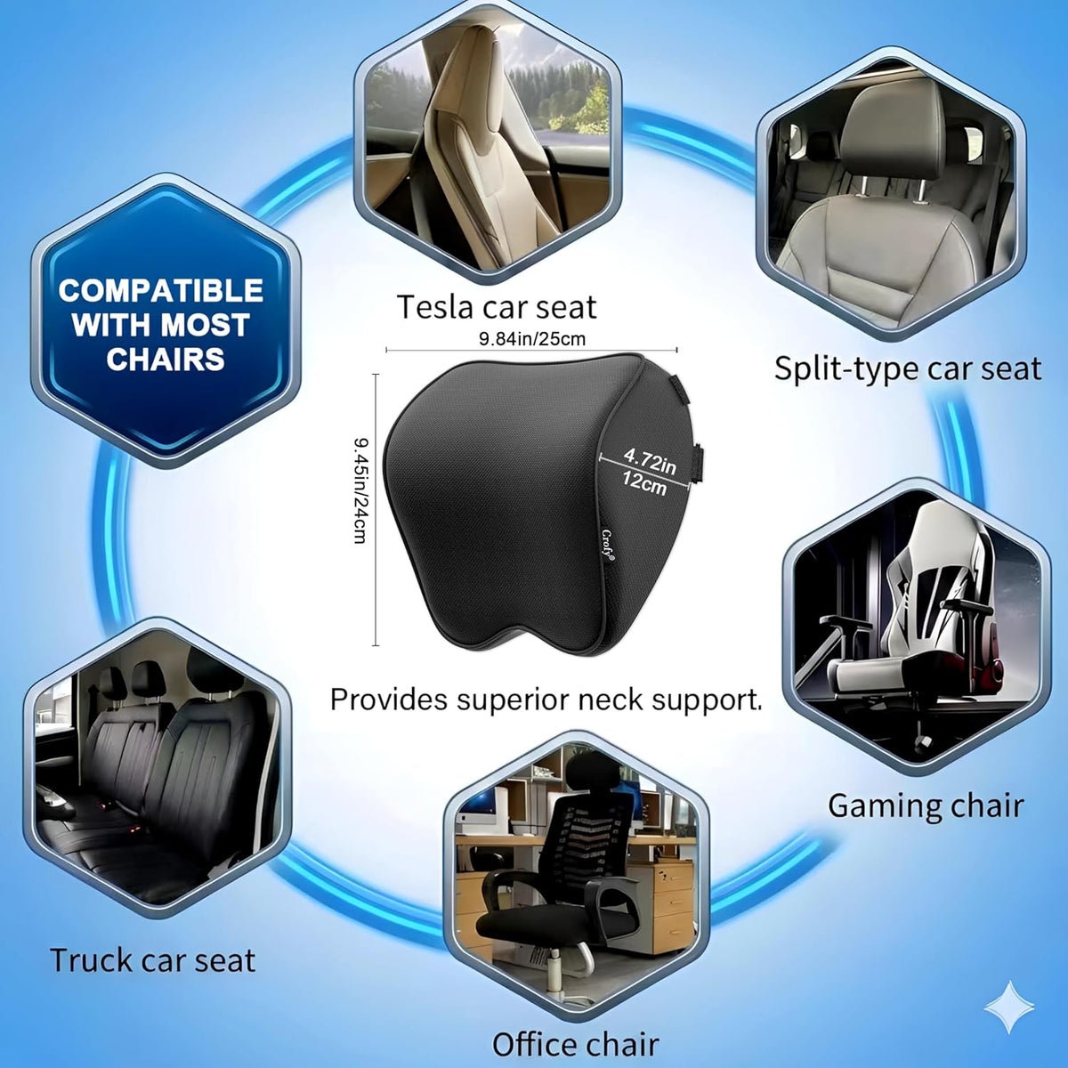 Crofy 2-Pack Car Neck Pillow, Headrest Pillow with Adjustable Strap, Black | Soft Memory Foam; Ergonomic Design Fits Most Car & Office Chairs; Breathable Removable Pillow Cover Is Machine Washable
