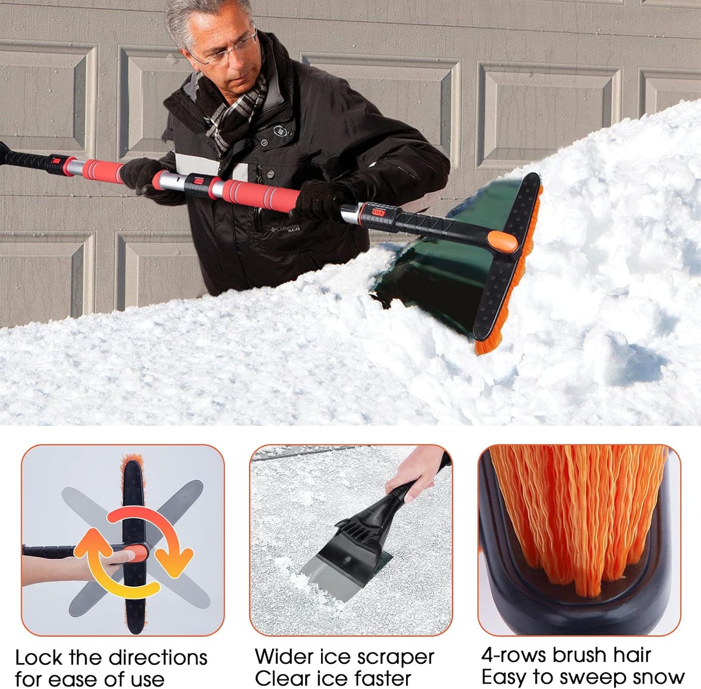 62.4" Snow Brush - Ice Scrapers for Car Windshield, 360°Pivoting Brush Head, Comfortable Foam Grip, Extendable Snow Removal Car Brush for Trucks SUVs, Essential Winter Tool