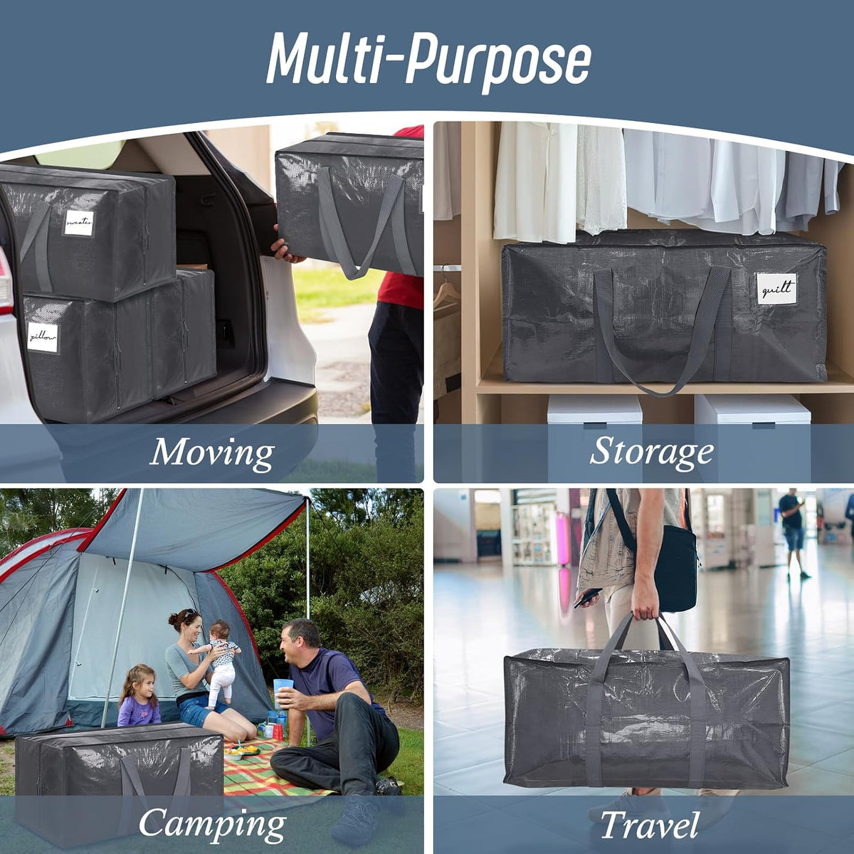 12 Pack Extra Heavy Duty Large Moving Bags with Strong Zipper, Gray