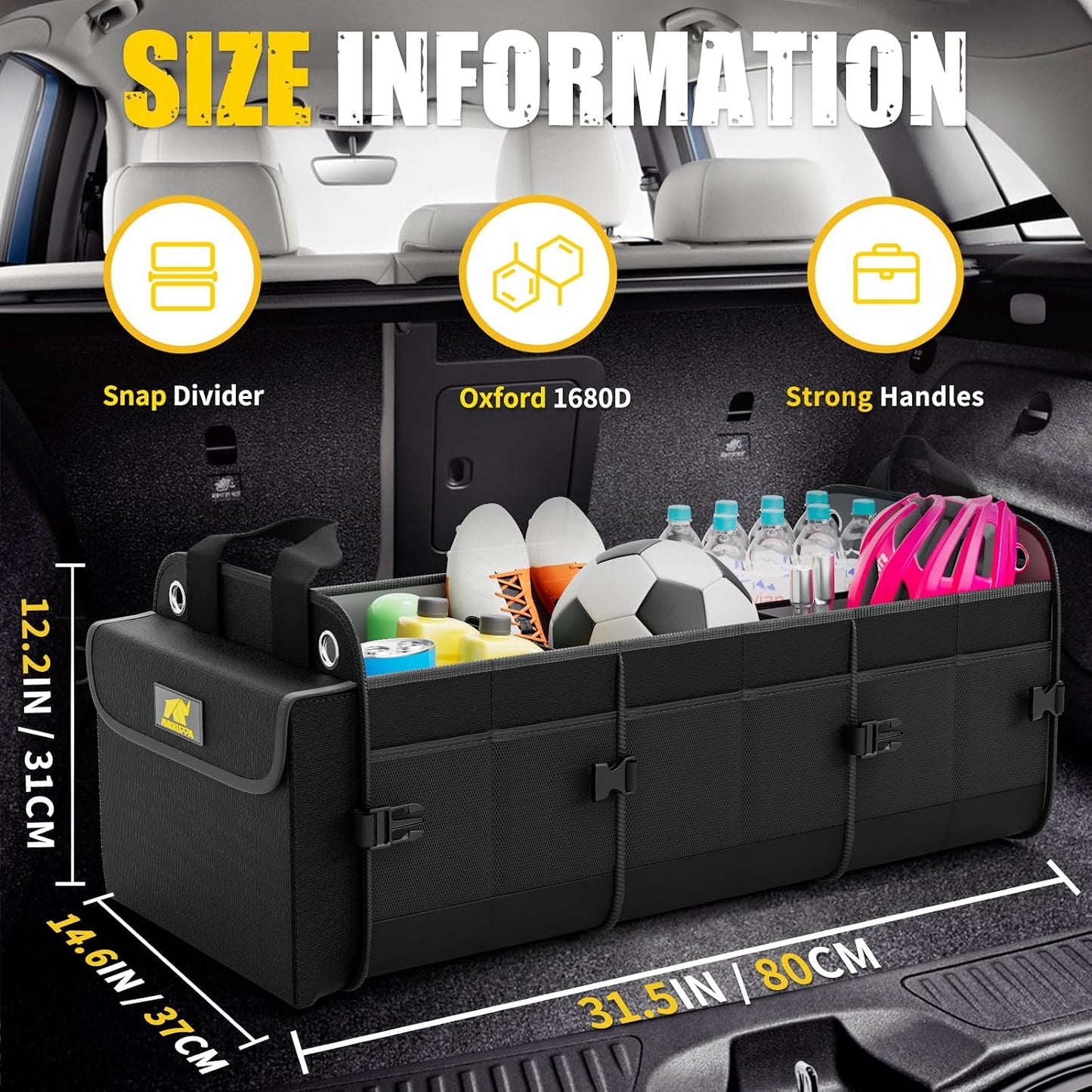 MIKKUPPA Car Trunk Organizer with Cooler, 100L, Premium Material, Black | Collapsible Heavy Duty Large Car Organizer, Sturdy Trunk Storage for SUV with Adjustable Straps and Non Slip Bottom