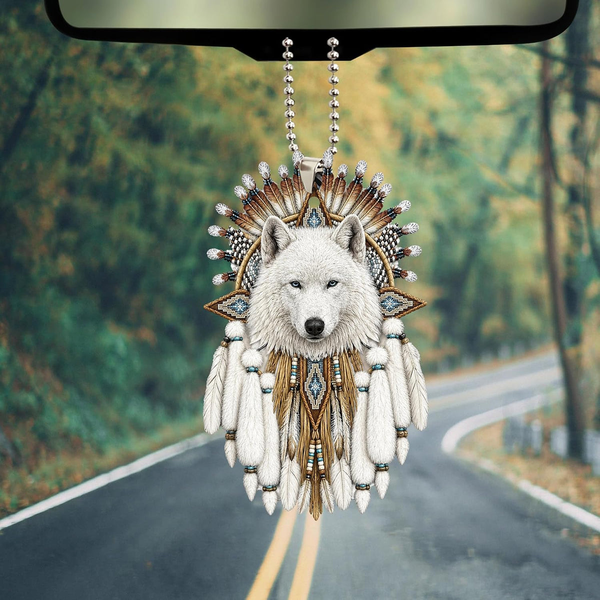 Talataca Native American Indigenous Us Indian Dreamcatcher White Wolf 2D Flat Car Rear View Mirror Accessories Christmas Tree Ornament Decoration Hanging Charm Interior Rearview Pendant Decor Gift
