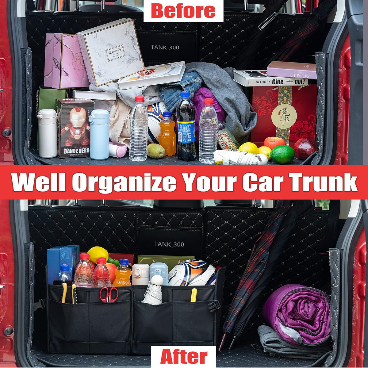JOJOY LUX Car Trunk Organizer with Multi Compartments - Automotive Collapsible Cargo Containers with 11 Pockets &amp; Reinforced Handles, Vehicle Grocery Organizer Bin Caddy Bag for SUV Van Truck