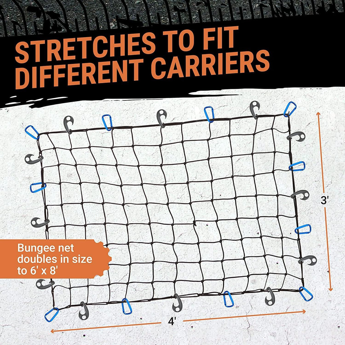 Truck Bed Cargo Net – 3 x 4 Foot, Heavy-Duty Elastic Mesh with 12 Hooks and 12 Blue Clips and Storage Bag for Pickup for Cargo Netting, Securing Loads in Trailers, SUVs & Roof Racks
