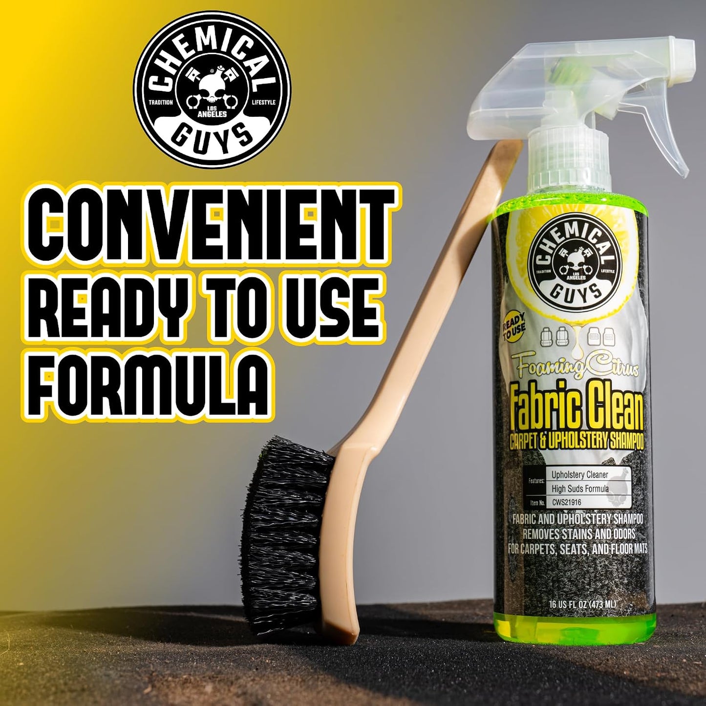 Chemical Guys Sprayable Citrus Fabric Clean Carpet & Upholstery Cleaner (Car Carpets, Seats & Floor Mats), 16 fl oz, Citrus Scent + Induro 7 Heavy Duty Nifty Interior Brush - HOL463