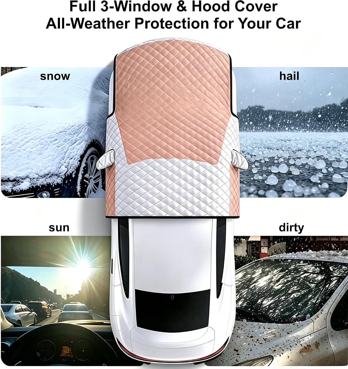 Padded Windshield Sun Shade Hood Cover Universal Fit Sedan SUV | Waterproof Windshield, Driver Side Window and Engine Hood Shield, All Weather Vehicle Guard Against UV Rays, Snow, Ice, Hail