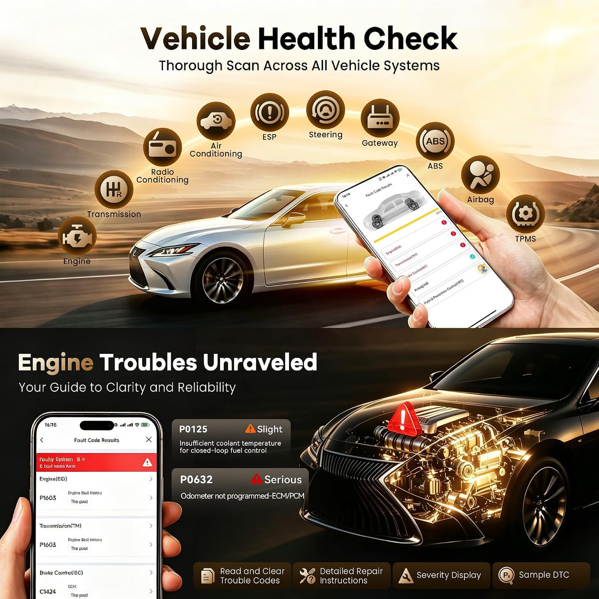 MUCAR BT200 Smart AI-Assisted OBD2 Scanner Bluetooth, OIL TPMS BRAKE BMS SAS Reset with Engine/TMS/ABS/SRS System for iOS & Android, Vehicle Health Check, Smog Check, Active Test, Lifetime Free Update