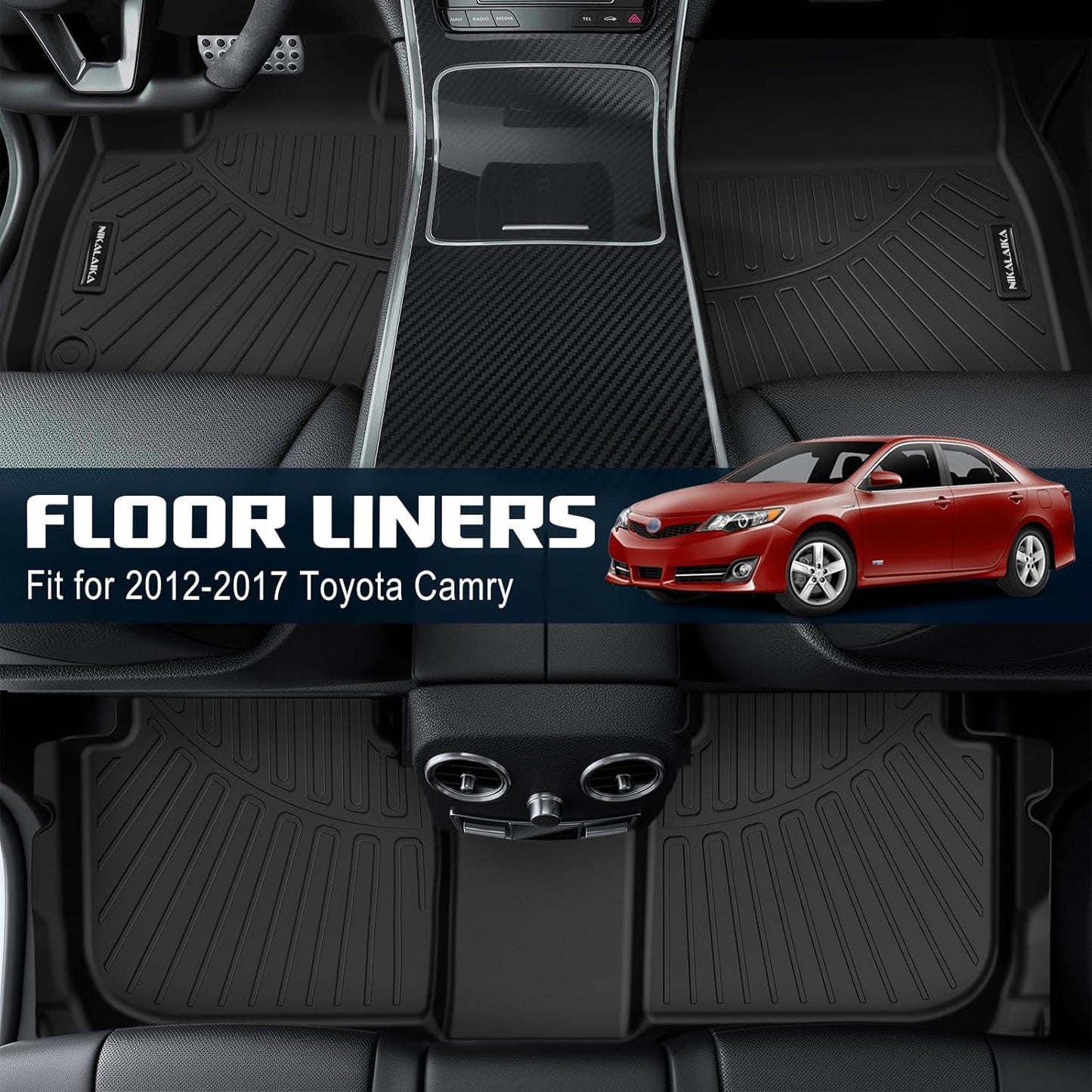 Floor Mats for 2012-2017 Toyota Camry (Include Hybrid) All Weather Protection TPE Rubber Full Set Automotive Floor Liners for 2017 Camry Hybrid Accessories, Odorless Anti-Slip, 1st & 2nd Row, Black