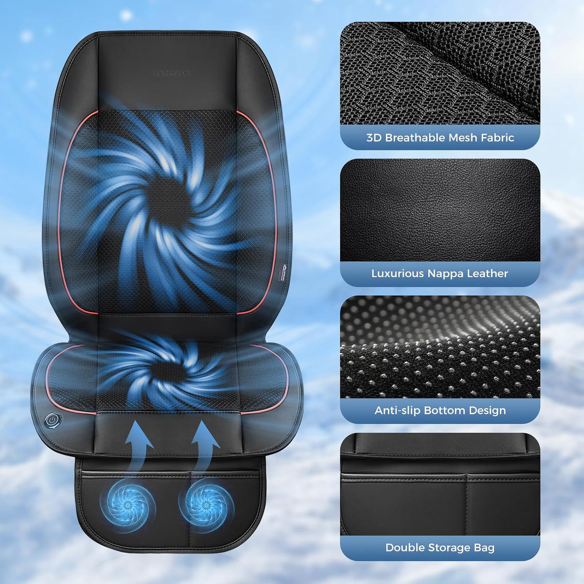 Coverado Cooling Car Seat Cushion, Universal Front Seat Cover 12V-24V Ventilated 3D Mesh Breathable Pad with 3 Speed Mode Dual Fan for Cars SUV Heatwave Driving Black&Red